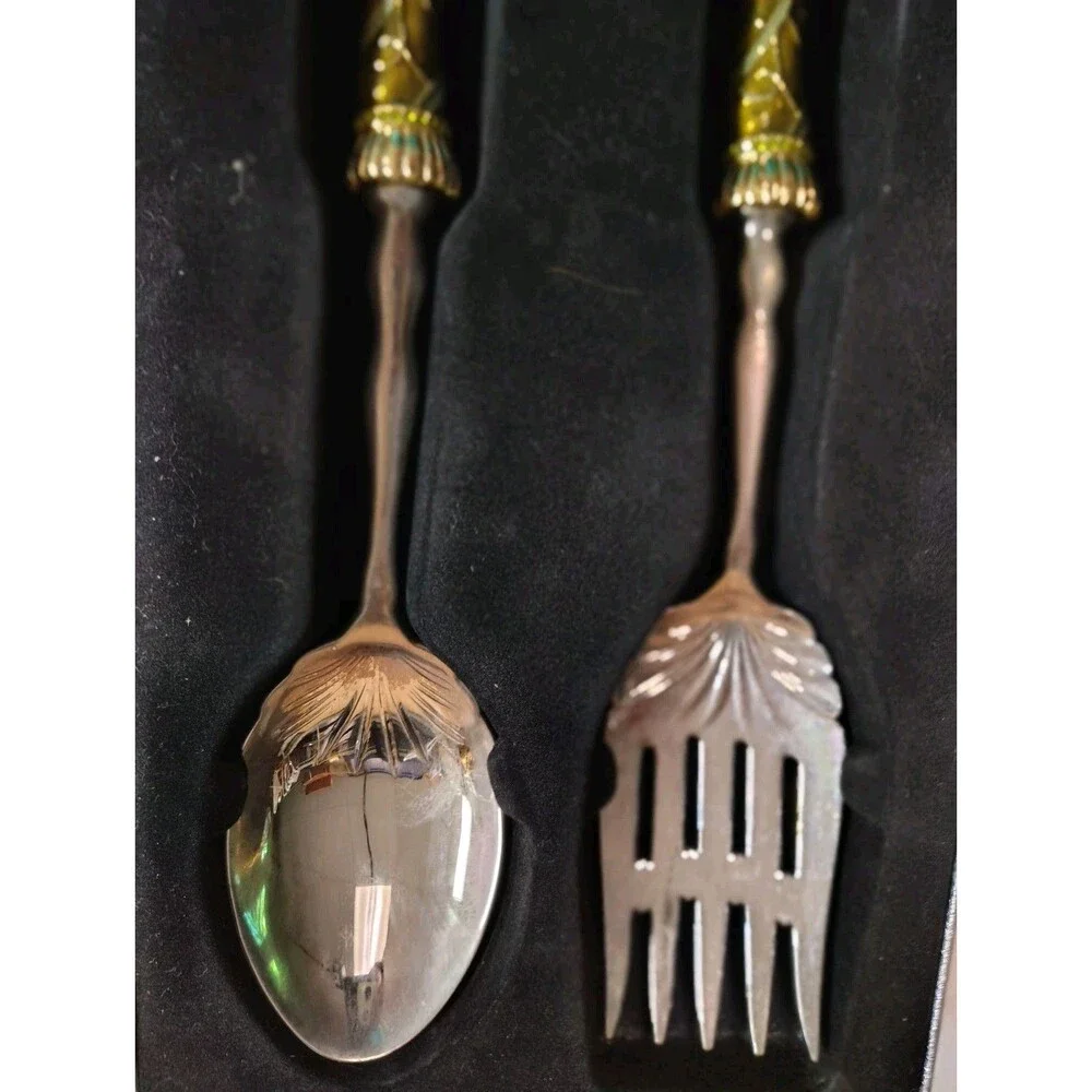 Sainish Ornate Floral Serving Set - Large Fork & Spoon - Jeweled Enamel Handles